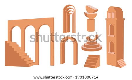 Contemporary aesthetic background with geometric 3d arch and stairs. Boho wall art elements. Decor neutral wall prints. Vector Zdjęcia stock © 