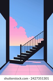 Contemporary aesthetic background with geometric stairs, panoramic windows overlooking sea and clouds. Boho minimal wall art. Home decor psychedelic wall prints. Vector. Trendy bright gradient colors.