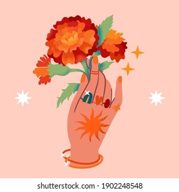 Contemporary aesthetic boho background with elegant tender female hand holding bouquet or bunch of blooming marigold flowers. Summer gift. Flat vector illustration. Vintage inspired art. Retro style 