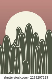 Contemporary aesthetic cactus in desert landscape poster. Saguaro in the night valley.