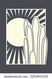 Contemporary aesthetic cactus in desert landscape poster. Saguaro under sunlight in valley. Modern minimalist art print.
