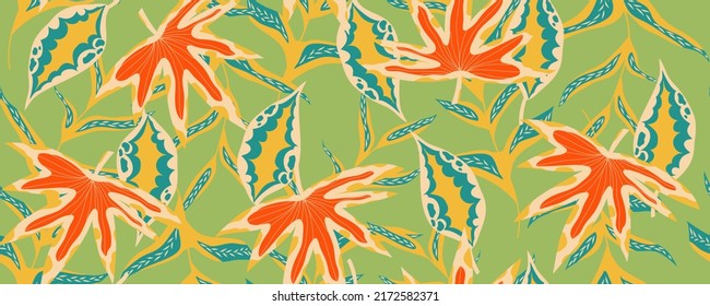 Contemporary aesthetic jungle wall horizontal seamless pattern background. Modern exotic floral jungle pattern. Pattern art texture background vector. Ethnic boho leaf floral background art