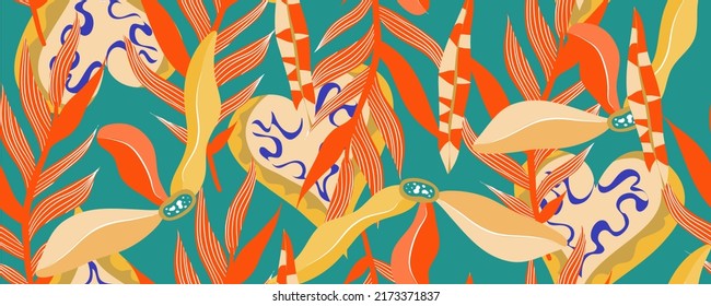 Contemporary aesthetic jungle wall horizontal seamless pattern background. Modern exotic floral jungle pattern. Pattern art texture background vector. Ethnic boho leaf floral background art