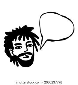 Contemporary African American manifesting man art portrait, line art guy's face with a speech bubble. Poster, banner vector isolated illustration.