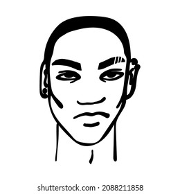 Contemporary African American young man's, teenager's with piercing and slits on eyebrows art portrait, stylish line art guy's face. Poster, banner vector illustration.