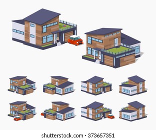 Contemporary american house. 3D lowpoly isometric vector illustration. The set of objects isolated against the white background and shown from different sides