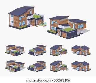 Contemporary american house. 3D lowpoly isometric vector illustration. The set of objects isolated against the white background and shown from different sides