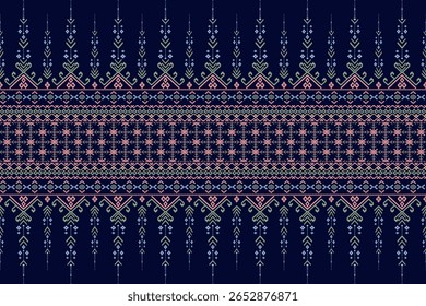 A contemporary applied Thai woven fabric pattern on a dark blue background, featuring intricate motifs and delicate colors that exude elegance, grace, and uniqueness.