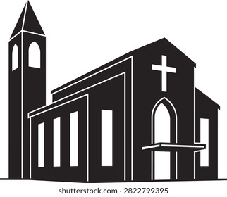 A contemporary architectural illustration featuring a modern church building design with clean lines, geometric structures, and minimalist aesthetic elements suitable for religious or construction projects.