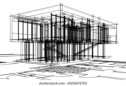 Contemporary Architectural Wireframe Sketch - Residential and Commercial Buildings - Vector Illustration