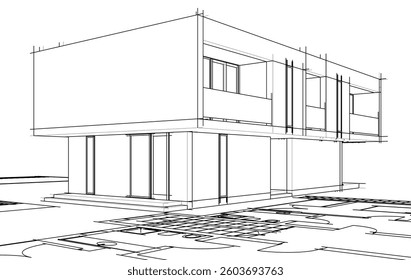 Contemporary Architectural Wireframe Sketch - Residential and Commercial Buildings - Vector Illustration