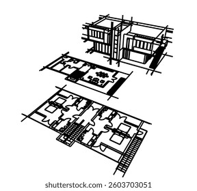 Contemporary Architectural Wireframe Sketch - Residential and Commercial Buildings - Vector Illustration