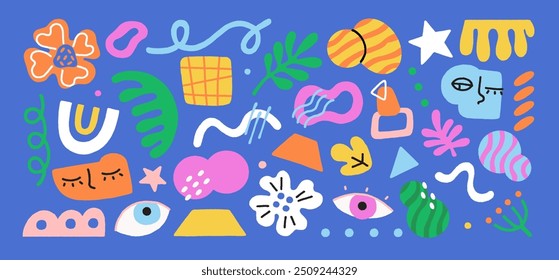 Contemporary art with abstract figures. Composition of doodle geometric shapes, flowers, leaves, eyes, lines, curves. Background with different stylized design elements. Flat vector illustration