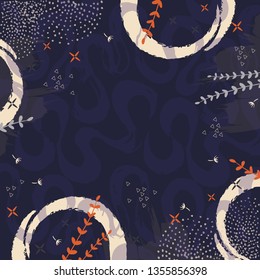 Contemporary art. Abstract silk scarf pattern with leaf and circle splash brush design on blue