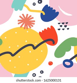 Contemporary art background, modern handdrawn illustration, seamless vector pattern, trendy flat flower and circle doodles, colorful abstraction, good as fashion print.