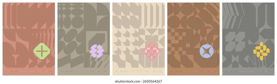Contemporary art bold minimalistic poster, Abstract postmodern composition with geometric shape in brutalism aesthetics, distortion geometrical contrast ornament, flat avant-garde A4 artwork set 3