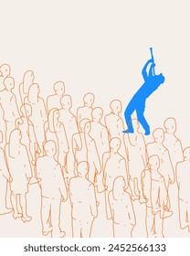 Contemporary art collage. Ambitious person, transparent blue silhouette musician, showing his individuality in crowd of outlined persons silhouettes. Concept of business, social issues, connection.