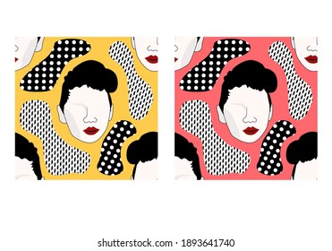 Concepto de collage de arte contemporáneo; la cara de la mujer con el pelo corto y la línea y forma simples en estilo vintage.