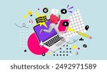 Contemporary art collage of cool crazy school girl jumping over netbook using web study apps isolated on colorful background. Vector illustration