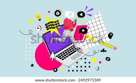 Contemporary art collage of cool crazy school girl jumping over netbook using web study apps isolated on colorful background. Vector illustration