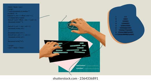 Collage de arte contemporáneo. Diseño creativo. Escritura rápida de mano masculina en el teclado, desarrollo de código, seguridad de la información. Concepto de TI, negocios, ciencia de datos, codificación, ocupación, tecnologías modernas
