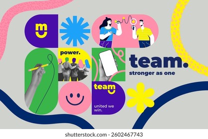 Contemporary art collage. Creative design. Group of young people, employees working on new startup, business project. Concept of business, career development, success, growth, occupation. Vector