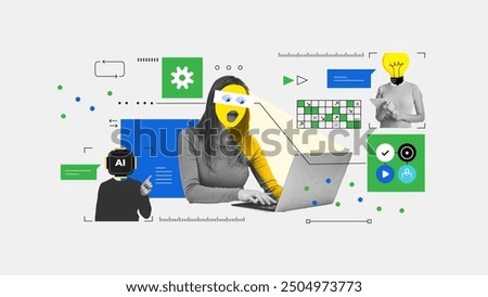 Contemporary art collage. Creative design. Group of young people, employees working on new startup, business project. Concept of business, career development, success, growth, occupation. Vector