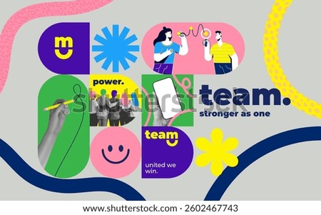 Contemporary art collage. Creative design. Group of young people, employees working on new startup, business project. Concept of business, career development, success, growth, occupation. Vector