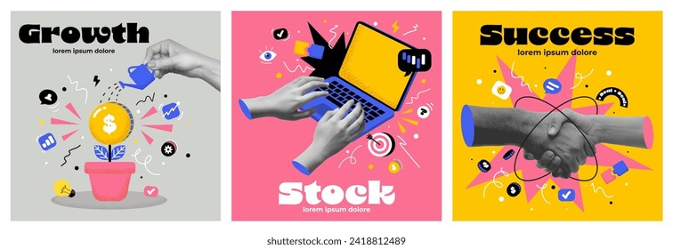 Contemporary art collage. Employees working, overcoming difficulties, moving to success, creating profitable ideas. Concept of business, teamwork, achievement, challenges. Vector Illustration