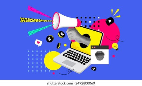 Contemporary art collage. Halftone collage with a laptop and a hand holding a loudspeaker.  News spreading. Concept of social media addiction, popularity, influence, modern lifestyle and ad.  Vector