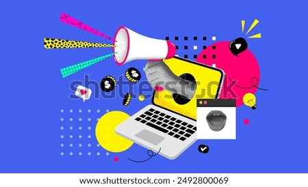 Contemporary art collage. Halftone collage with a laptop and a hand holding a loudspeaker.  News spreading. Concept of social media addiction, popularity, influence, modern lifestyle and ad.  Vector