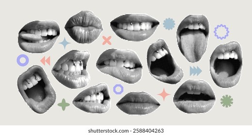 Contemporary art collage with lips. Female halftone lips with tongue and piercing.Trendy vector pieces. Creative collage for social media, card, print on clothes. 