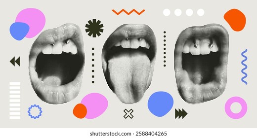 Contemporary art collage with lips. Female halftone lips with tongue and piercing.Trendy vector pieces. Creative collage for social media, card, print on clothes. 