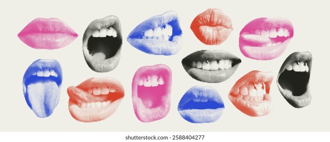 Contemporary art collage with lips. Female halftone lips with tongue and piercing.Trendy vector pieces. Creative collage for social media, card, print on clothes. 