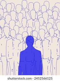 Contemporary art collage. Male blue silhouette walks against crowd of limp outlines of people against neutral background. Concept of business, social issues, communication, connection.