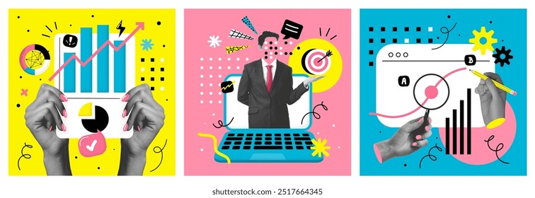 Contemporary art collage. Mixed media online search. Internet search bar with magnifying glass icon, SEO optimization and research pop art with halftone hand vector set