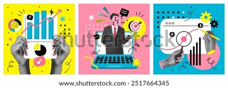 Contemporary art collage. Mixed media online search. Internet search bar with magnifying glass icon, SEO optimization and research pop art with halftone hand vector set