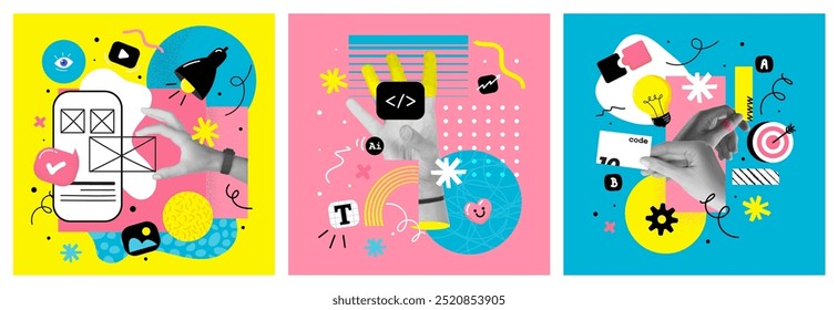 Contemporary art collage. Modern collage concept of web design and development. Creative concept for web banner, social media banner, business presentation, marketing material. vector illustration