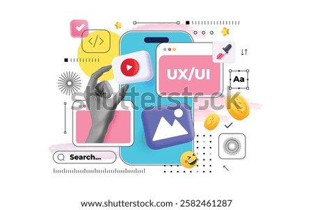 Contemporary art collage. Modern collage concept of web design and development. Creative concept for web banner, social media banner, business presentation, marketing material. Vector illustration