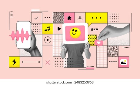 Collage de arte contemporáneo. Las personas diversas modernas activan a los usuarios de las redes sociales, dando "me gusta", comentando, leyendo artículos, dando Comentarios en los teléfonos inteligentes, de pie en cajas sobre fondo rosa. Vector