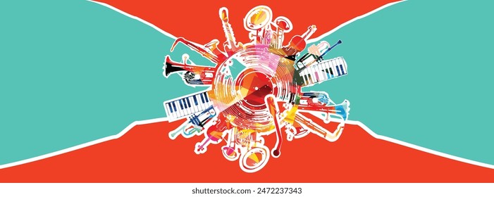 Contemporary art collage. Music background with colorful music instruments and vinyl record disc vector illustration. Concept of music festivals, concert and parties.