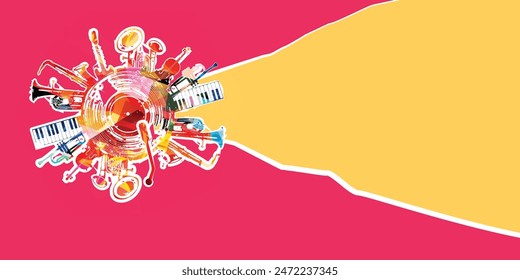 Contemporary art collage. Music background with colorful music instruments and vinyl record disc vector illustration. Concept of music festivals, concert and parties.