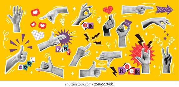 Contemporary art collage showcasing various hand gestures vector illustrations set. Graphic symbols and doodles of body language on yellow backdrop