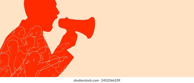 Contemporary art collage. Silhouette of person speaking into megaphone with crowd of people integrated within silhouette against beige background. Concept of social issues, communication, connection.