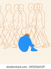 Contemporary art collage. Silhouette of person sitting hug itself in crowd of toxic and unemphatic crowd, society. Concept of business, social issues, communication, connection, support, friends.