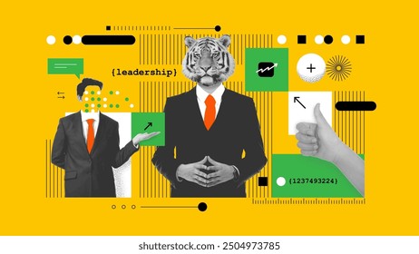 Contemporary art collage. Successful Businessman with tiger head. Concept of personal and professional growth, leadership, motivation, concentration, achievement, ad. Vector illustration