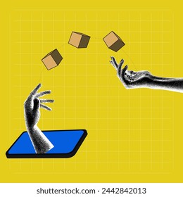 Contemporary art collage. Vector illustration. Hand from smartphone flips the boxes into the other hand. Delivery services. Concept of social media, influence, popularity, modern lifestyle and ad