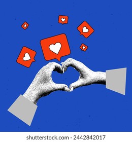 Contemporary art collage. Vector illustration. Hands making heart shape against blue background with social media like icons. Concept of social media, influence, popularity, modern lifestyle and ad