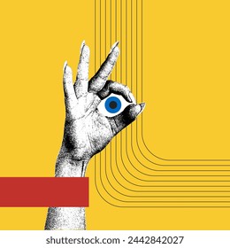 Contemporary art collage. Vector illustration. Black and white drawing of hand makes okay sign with blue eye against yellow background. Concept of social media, influence, modern lifestyle and ad.