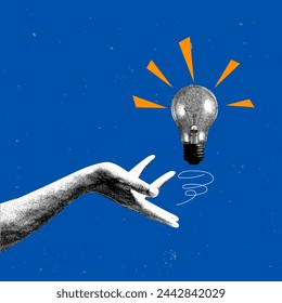 Contemporary art collage. Vector illustration. Black and white drawn hand gently pointing to monochrome light bulb. Generate ideas. Concept of social media, influence, popularity, modern lifestyle. Ad